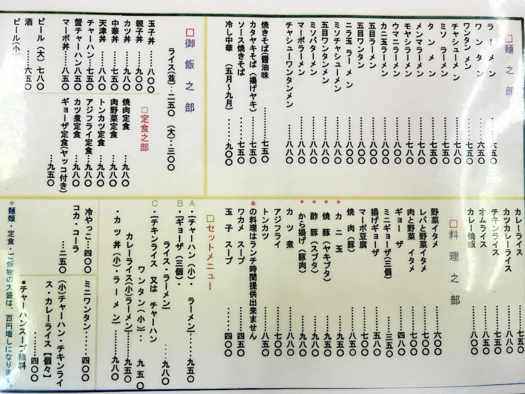 幸楽：メニュー